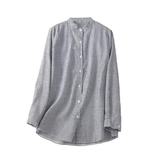 Damenhemd Stehkragen Langarm Einreihig Hemd Oberteile Vertikal gestreifter Druck
