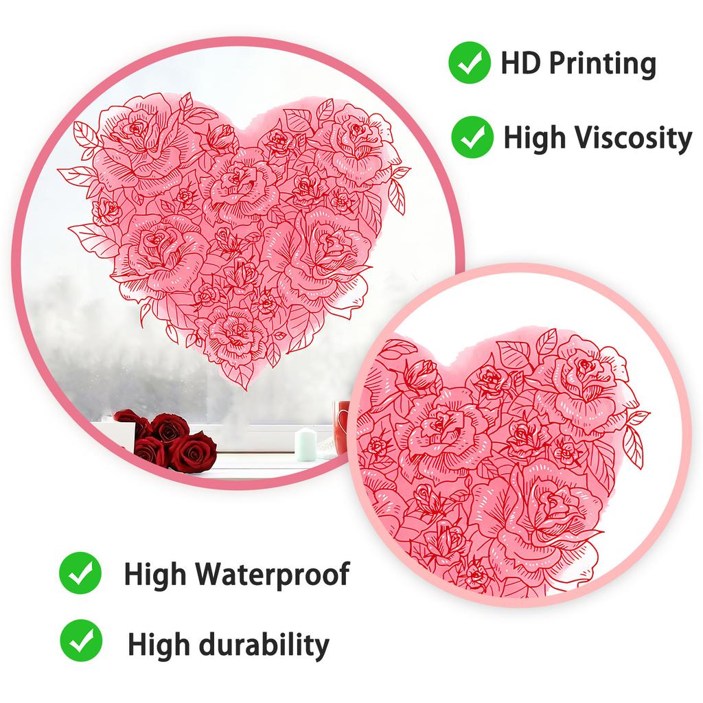 Valentine Day Pink Flower Heart Static Cling Window Sticker for Home Decor Bedroom Living Room Study Festival Decoration