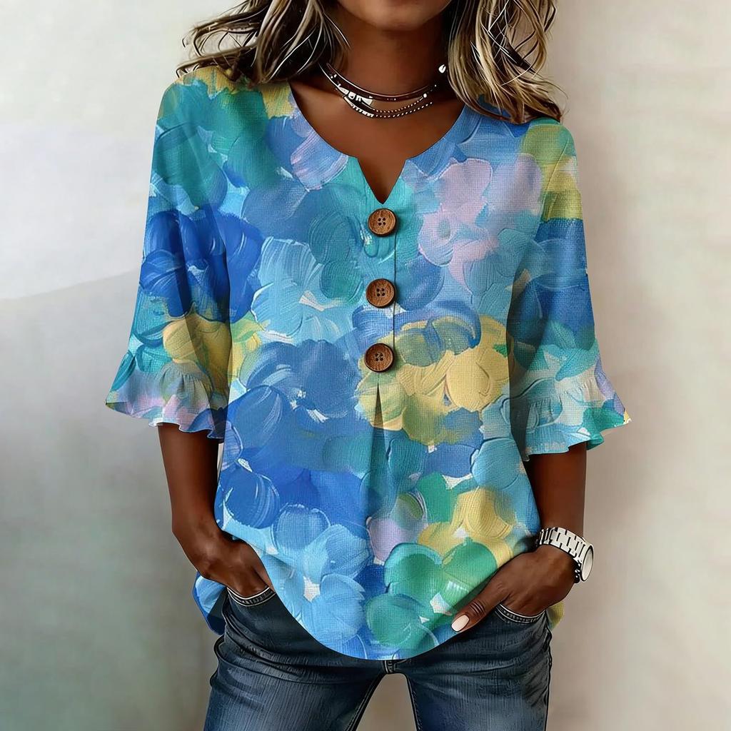 Women V Neck Floral Print Button Front Loose Fit Blouse Ruffle Sleeve Casual Top for Everyday Wear