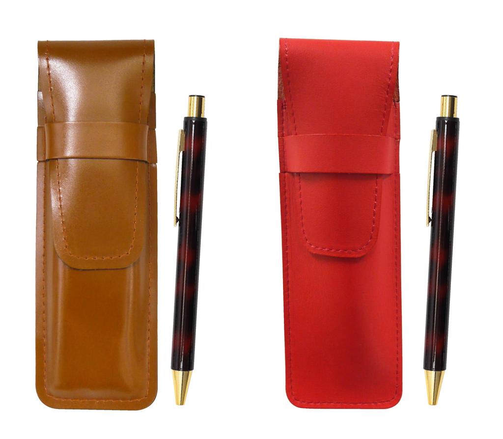 Schmales Federmäppchen aus Rindsleder rotbraun Set NQ30 dicker Schaft Metall gerader Kugelschreiber Marmor ASCR-NQ30B-M