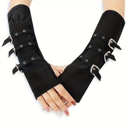 Unisex Fashion Gloves Goth Arm Warmers Fingerless for Women, Punk Metal Buckle Elastic Costume Accessories Warmers, Gothic Steampunk Sleeves, Cosplay