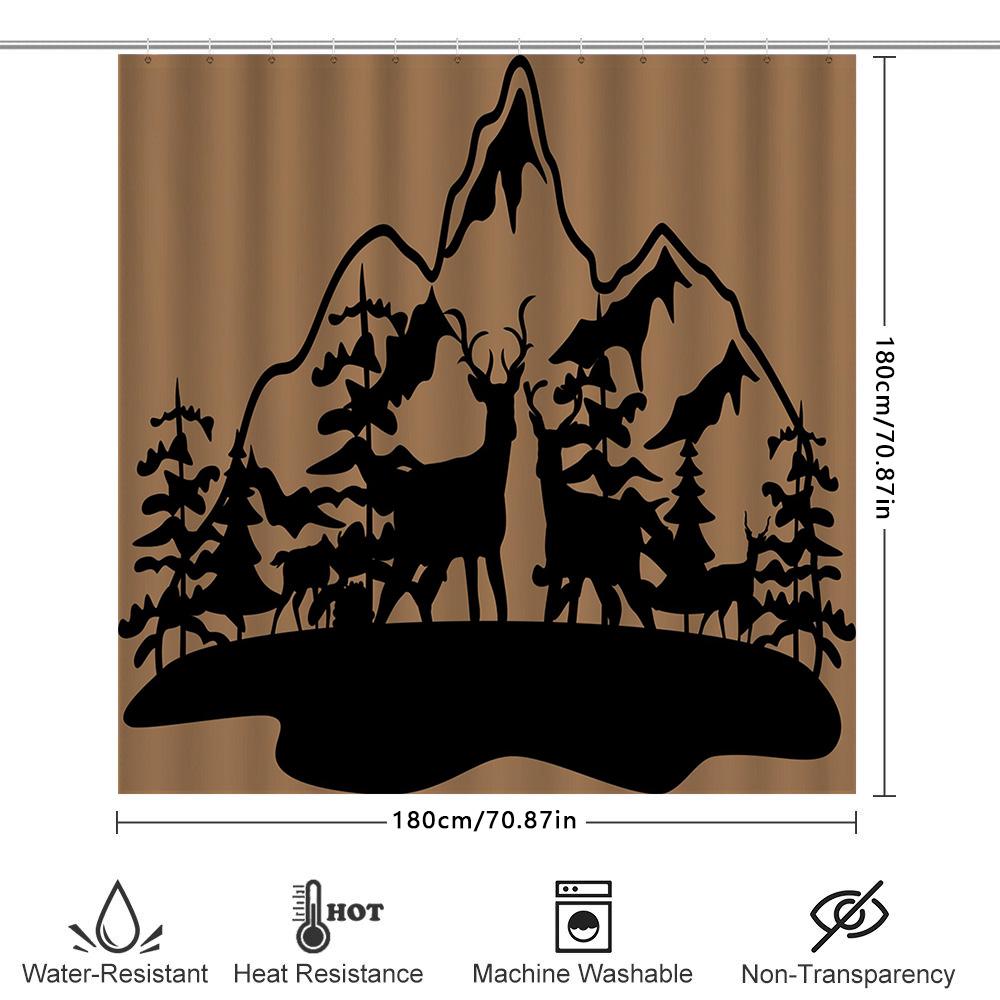 Berg-Sonnenuntergang Duschvorhang mit Elch-Silhouette Dekoratives Wasserdichtes Gewebe Badezimmerdekoration Schwarz/Beige Farbset (180X2