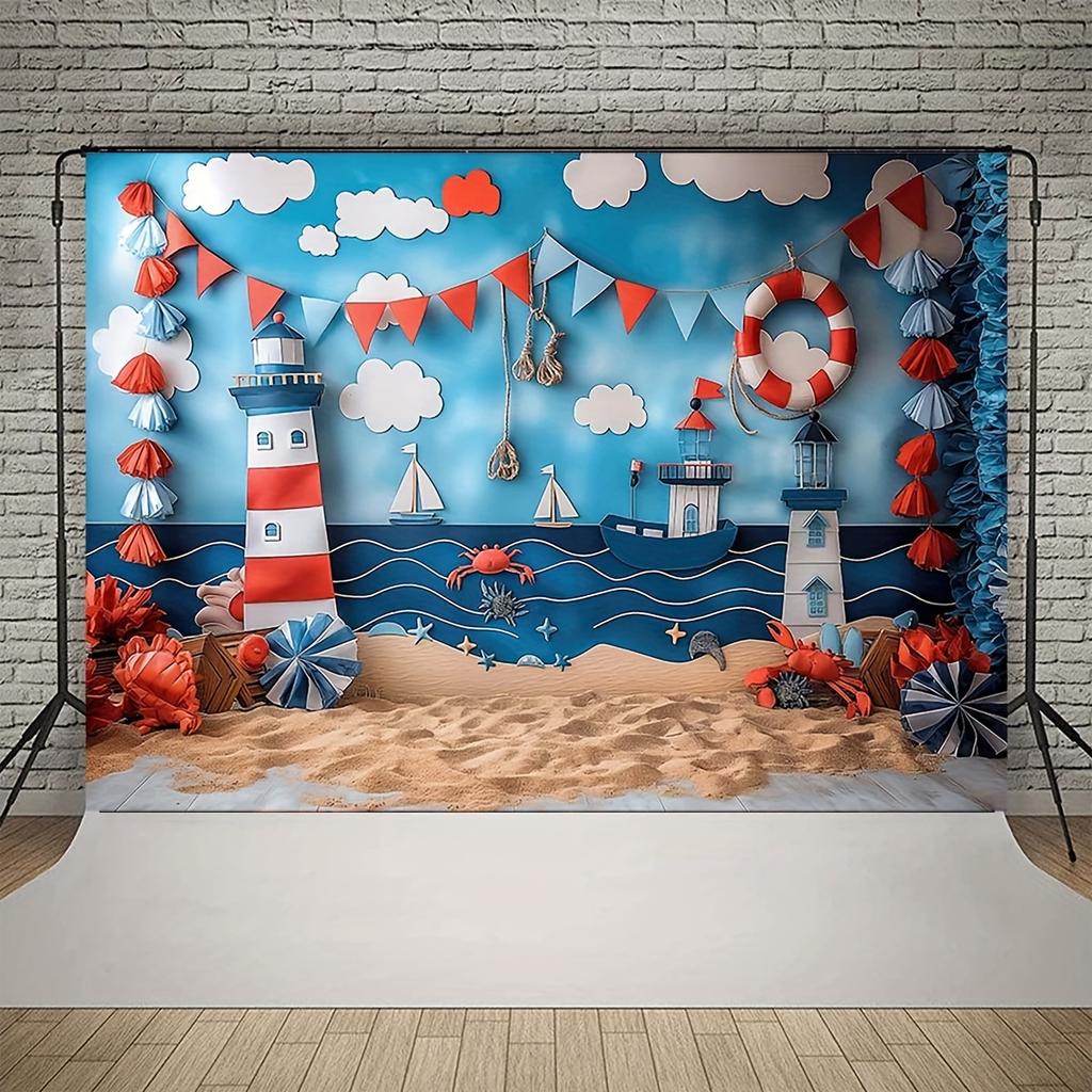 Nautical themed backdrop - sailboat, shells and starfish pattern, perfect for summer parties and birthday celebrations