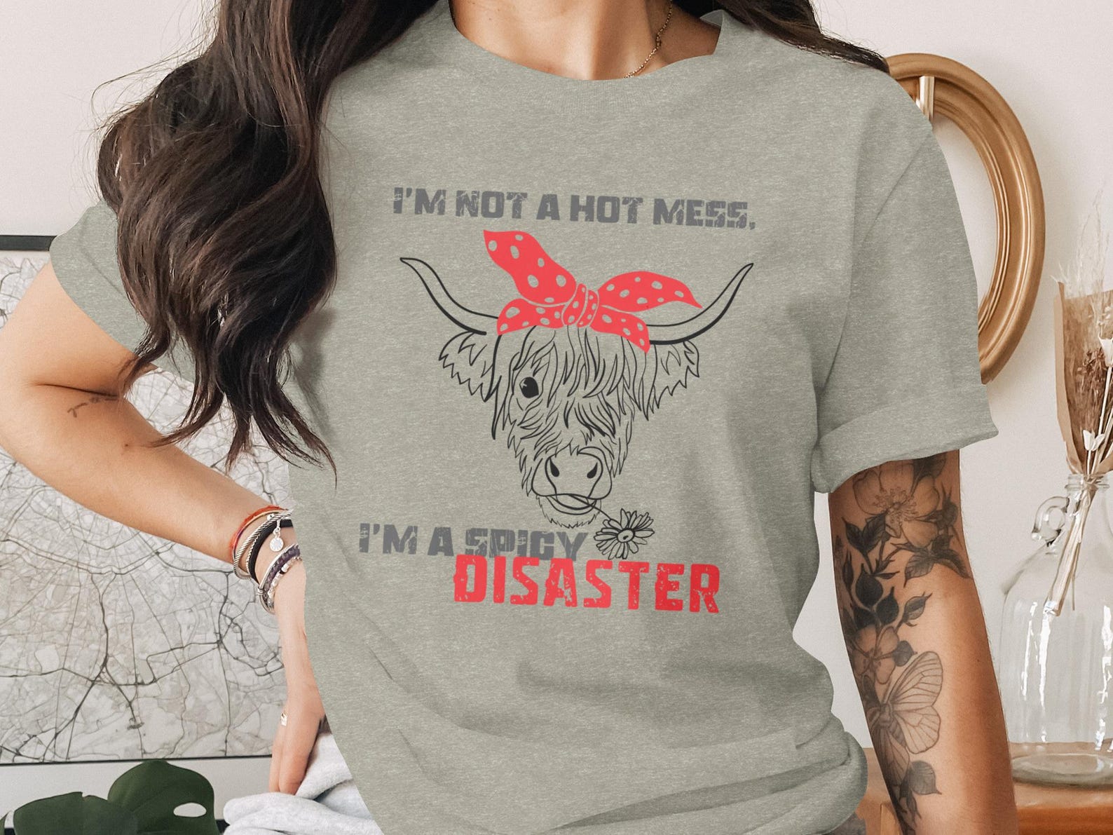Spicy Disaster Highland Cow T-Shirt, Sarcastic Farm Animal Graphic Top S