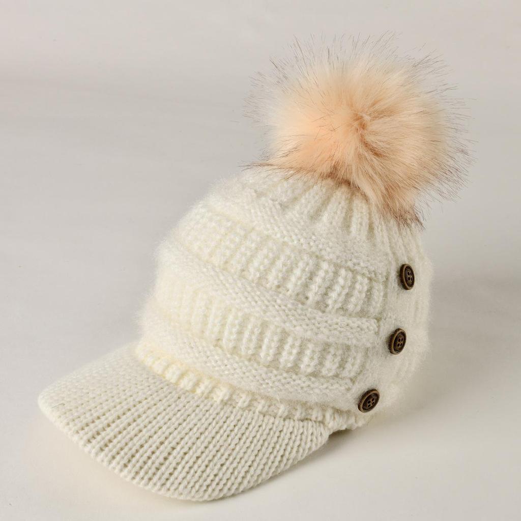 Autumn Winter Women Button Plush Thickened Warm Duck Tongue Big Wool Ball Knitted Wool Hat