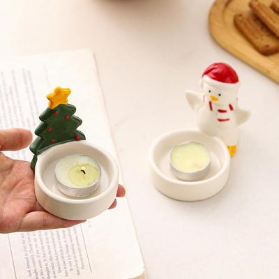 Christmas Candle Holder Ceramic Candle Holder Festive Christmas Ceramics Candle Holder Set with Penguin Xmas Tree for Desktop