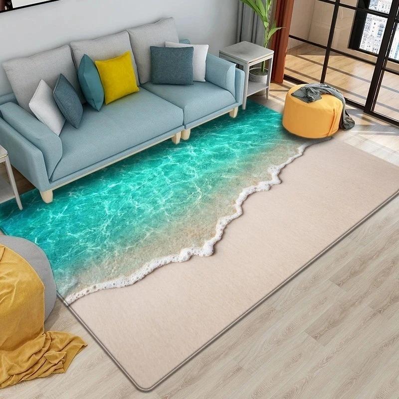 Seaside Style Carpet Ocean Wave Pattern Blue Green Color Washable Rug for Living Room Bathroom Coastal Home Decor