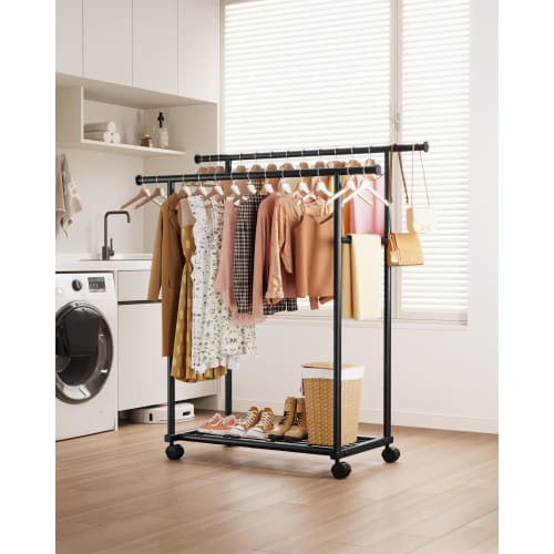 Sakugi Clothes Rack, Slim and Stylish Metal Double Pole with Casters and Shelves, Perfect for Closet Organization and Clothing Storage, 98cm Wide x 42