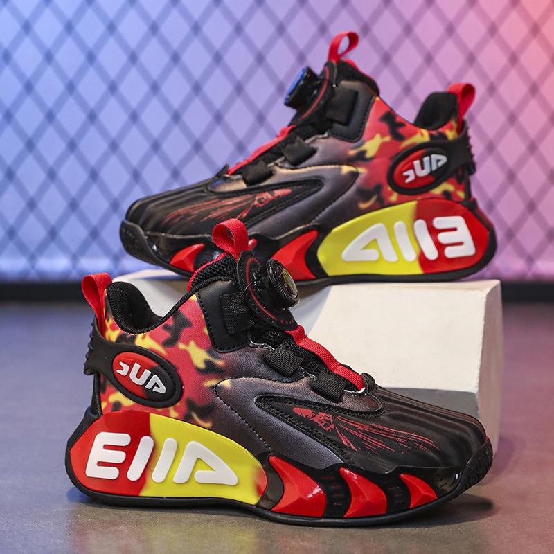 Children's Basketball Shoes Boys Spring and Autumn Leather New White Mesh Button Sneakers Friction Sound Running Shoes