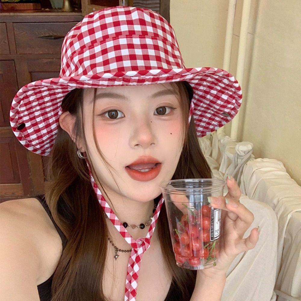 Japanese Y2k Fishmen Hat Lattice Bucket Hat Spring Wide Brim Sun Hat  Travel