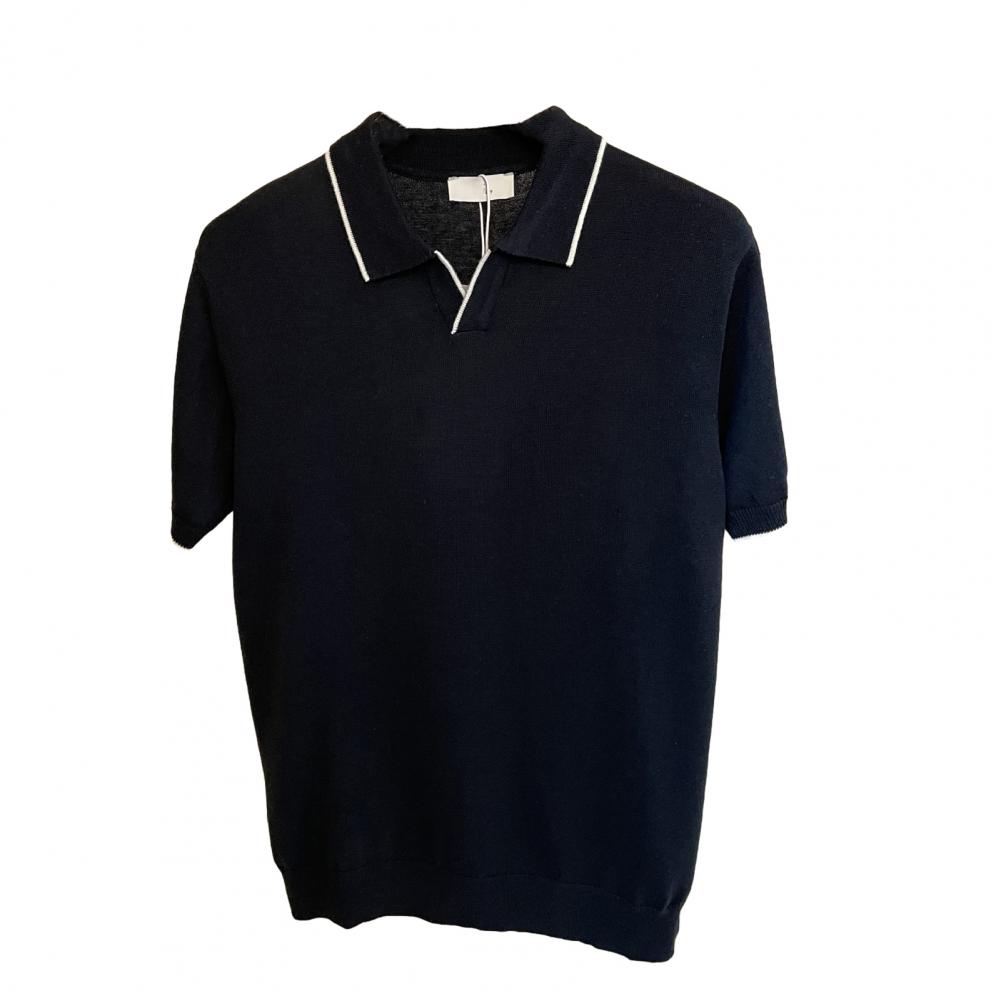 Summer Men Lapel Short Sleeve Shirt Striped Trim V-Neck Slim Fit Business Knitting Shirt Tops Elastic Pullover Tops
