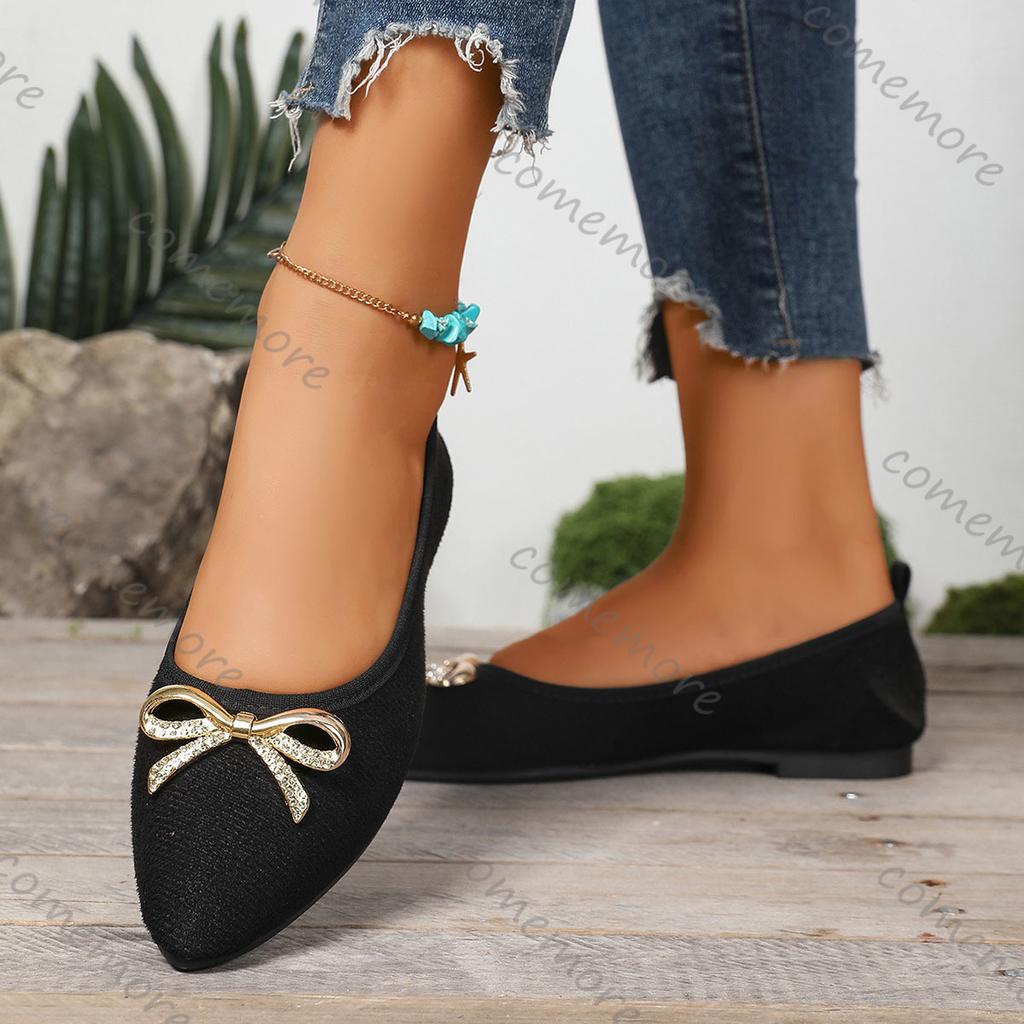 Fashion Comemore Women Flat Single Shoes Casual Black Bow Shallow Mouth Slip On Flats Pointed Toe Spring Summer Comfortable Women's Shoe