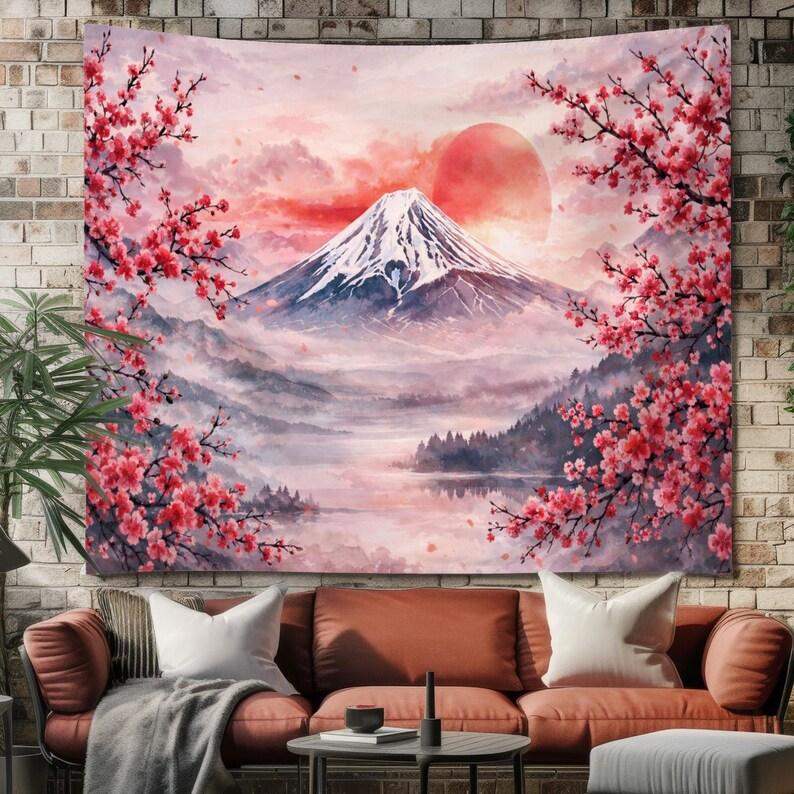 Mt. Fuji cherry blossoms, Japanese scenery, sunrise tapestry 75x100 чёрный