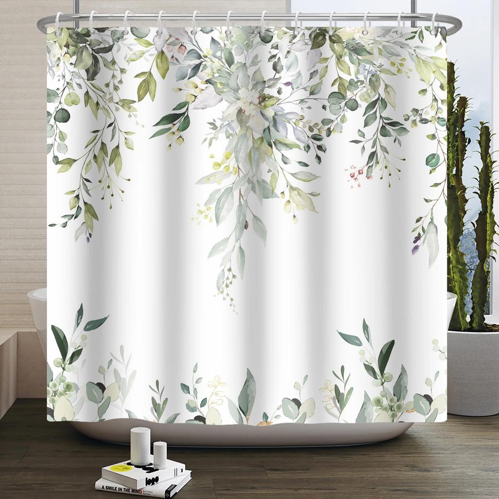 Tenda da doccia ad acquerello con foglie verdi per bagno, pianta di viti, minimalista nordica, in poliestere botanico per casa, hotel 180x240