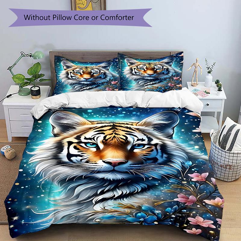 3pcs Tiger Fantasy Flowers Duvet Cover Set, Soft Comfortable Duvet Cover,Guest Room (1*Duvet Cover + 2*Pillowcase, Without Core) Yy251104130