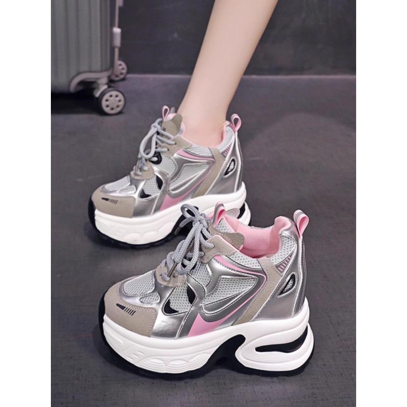 High Platform Casual Lace-up Sneakers for Women 10CM Designer Lightweight Breath Mesh Leather Thick Heel Sport Dad Shoes