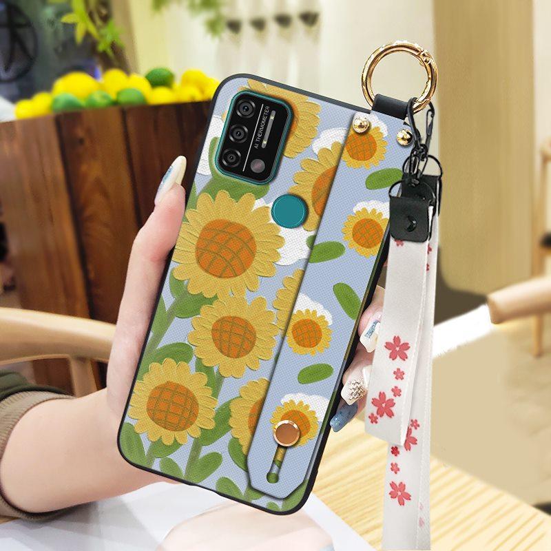 Silicone Waterproof Phone Case For UMIDIGI A9 Protective Oil Painting Flower Wrist Strap Kickstand Dirt-resistant Ring