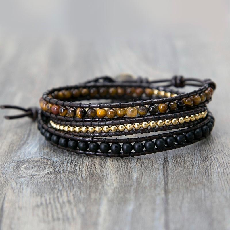 Unique Mixed Triple Simple Leather Beaded Bracelet, Tiger Eye, Copper, Black Beaded Beaded Bracelet Friendship Bracelets Jewelry