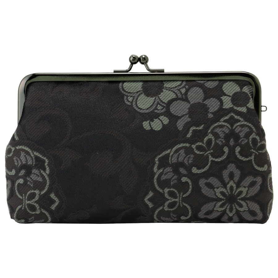 Senshishuin Nishijin Brocade Clasp Flat Pouch Floral (Lined) (Black Pattern)