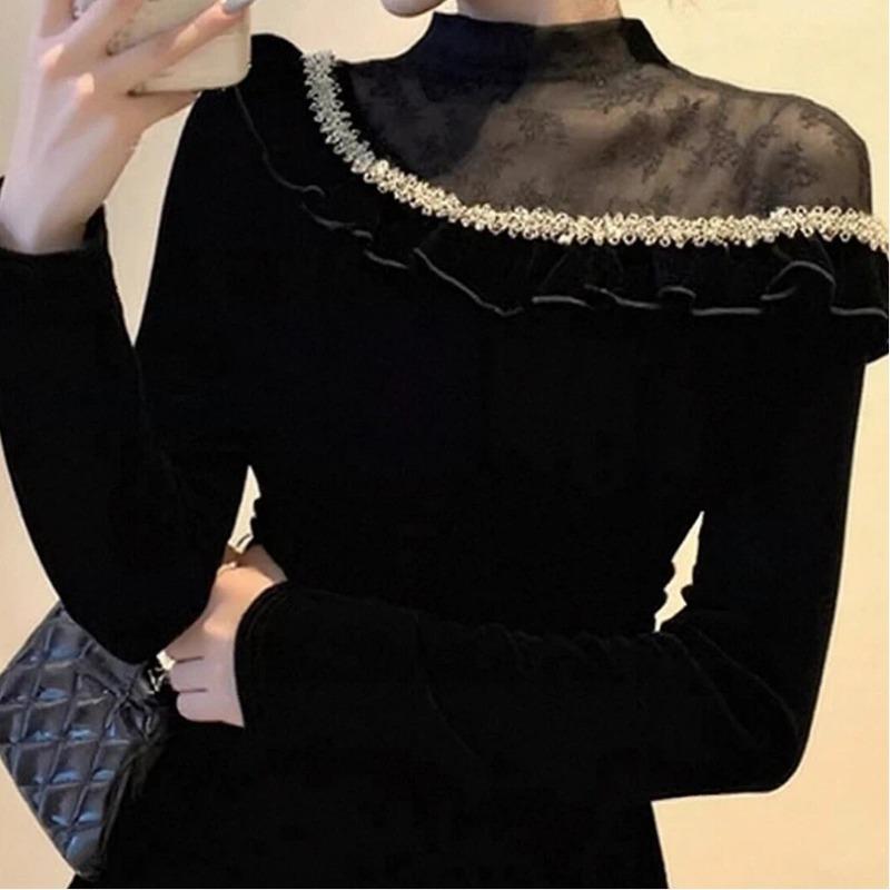 Women's Autumn Winter Black Mesh Patchwork Velvet Base Top Elegant Luxury Long Sleeve Slim Fit Inner Wear Blouse