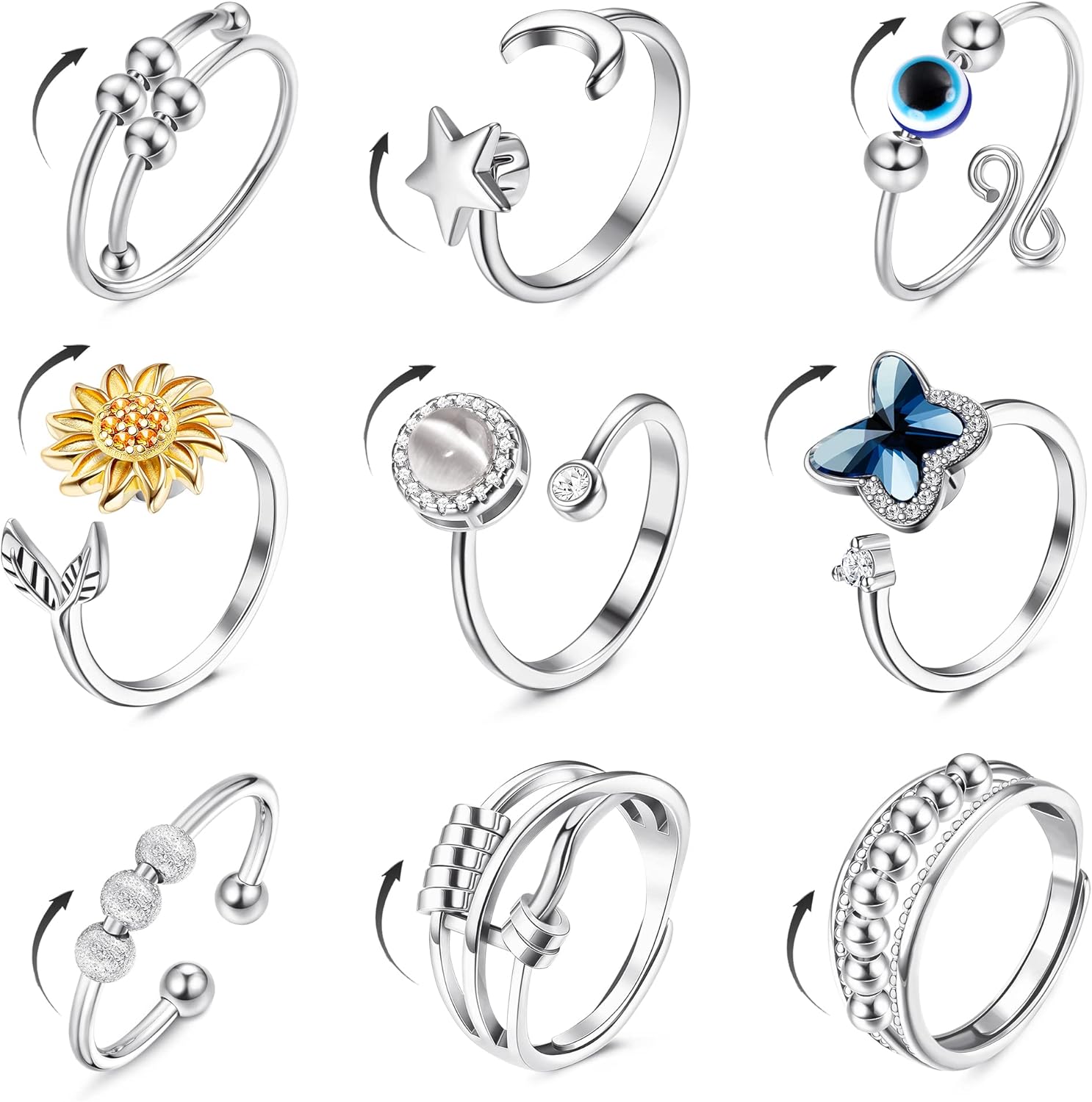 

Bobisty 9Pcs Fidget Anxiety Rings for Women Men Spinner Relieving Stress Open Adjustable CZ Flower Moon Star Rings Gift