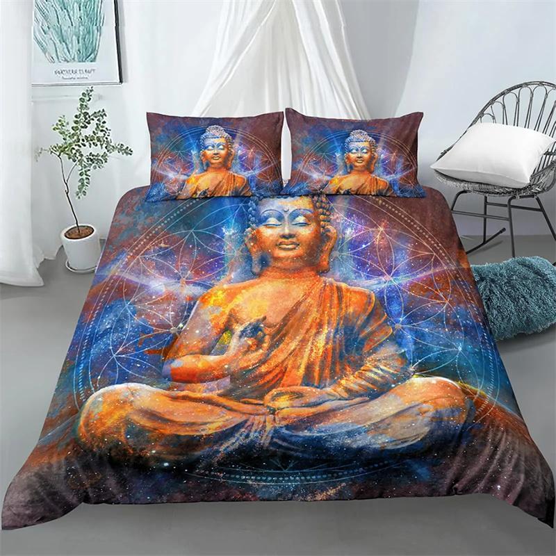 Mandala Buddha Duvet Cover Set King Size Exotic Ethnic Bohemian Bedding Set Golden Black Lotus Flowers Print Gorgeous Women Men