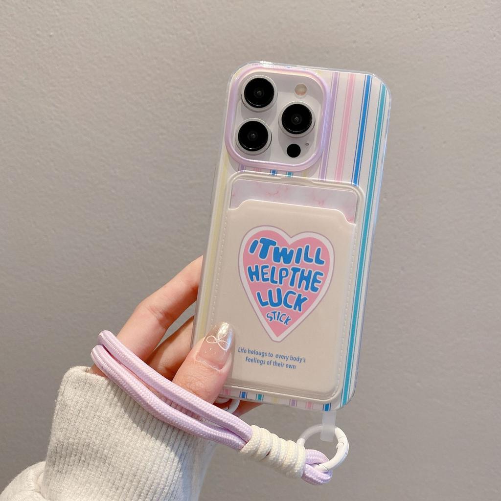 Korean Style Card Bag Suitable for IPhone15pro Cartoon Mobile Phone Case Apple 16 Lanyard 13 Mobile Phone Love Protection Case