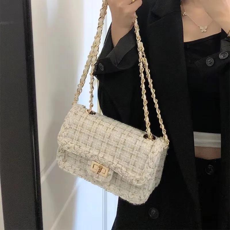 Spring and Autumn New Women's Armpit Bag Small Fragrance Tweed Chain Bag High-end Shoulder Crossbody Bag Small Square Bag