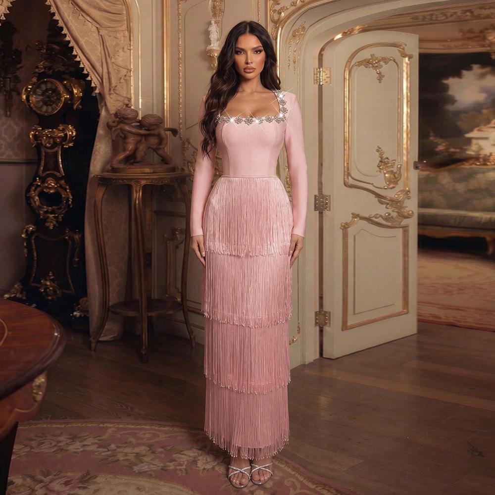 Europäisches & Amerikanisches Quasten-Langarm-Bandage-Abendkleid