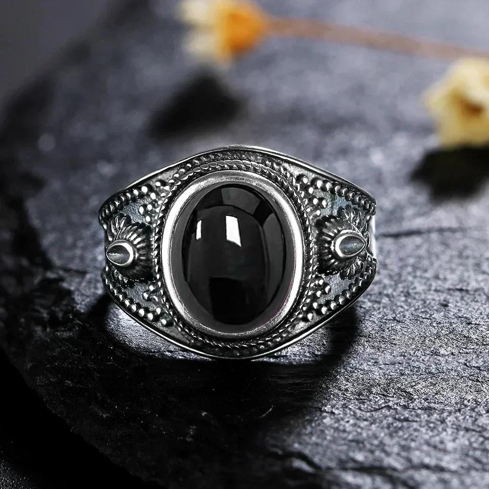Sterling Silver 925 Vintage Rings Oval 8X10mm Rings Black Onyx Natural Fine Jewelry For Men Women Rhodochrosite Rings
