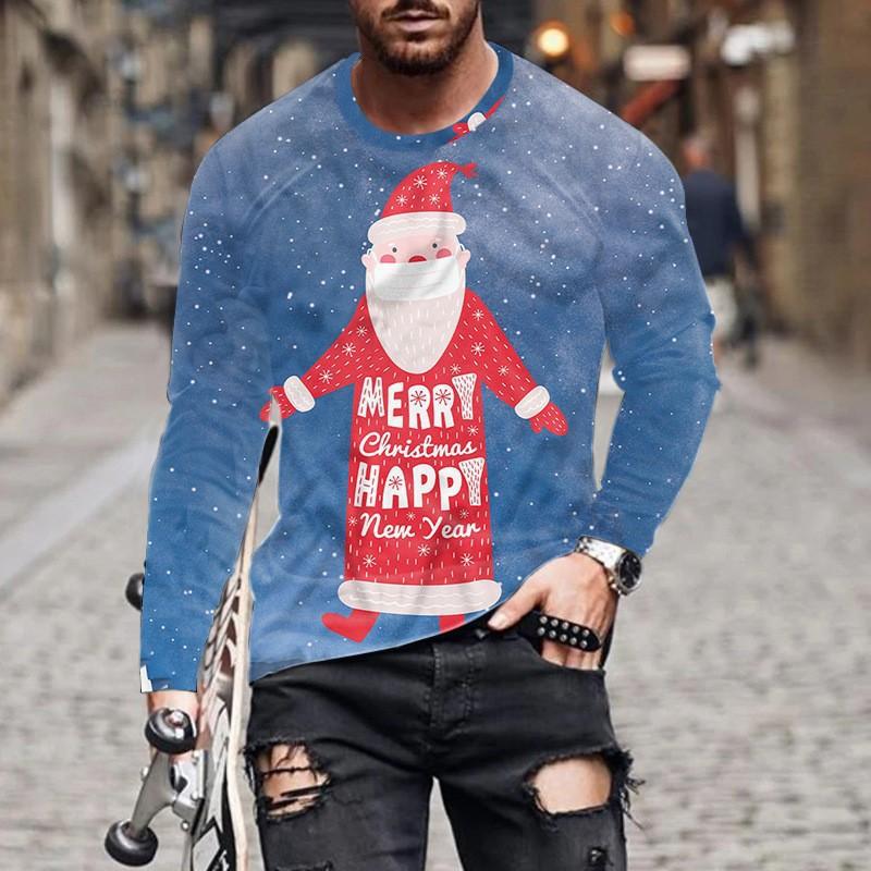 Herren T-Shirts Weihnachten Herren Neu Rundhals Langarm Street Fashion 3D Gedrucktes Herren T-Shirt