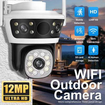 Telecamera PTZ WiFi HD 6K 12MP per Esterno a Tripla Lente Triplo Schermo Sicurezza Mobile AI Auto Tracking Videosorveglianza Audio Video CCTV