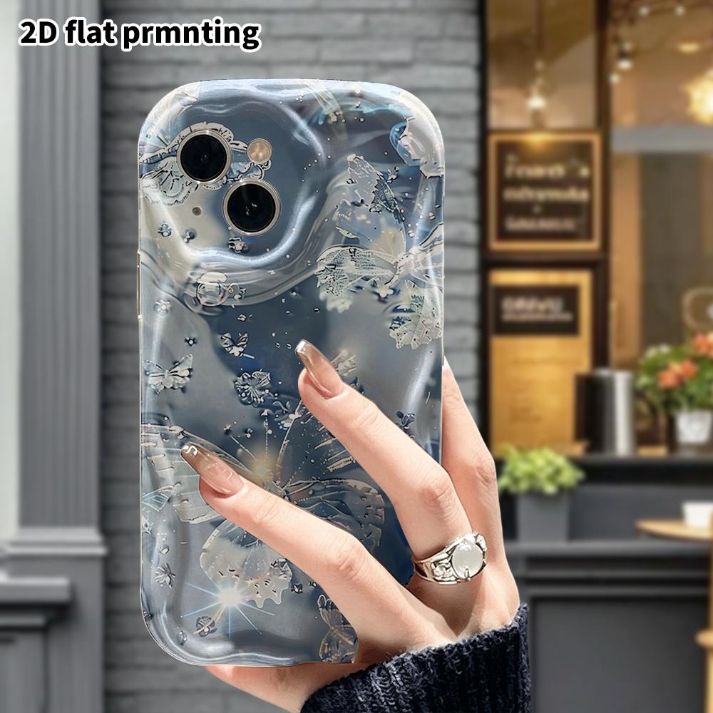 Phone Case: 2D Flat, Suitable for iPhone 18 17 16 15 14 13 12 Pro Protective Case, Phone Decoration, Silver-blue Crystal Butterfly, Halloween and Chri