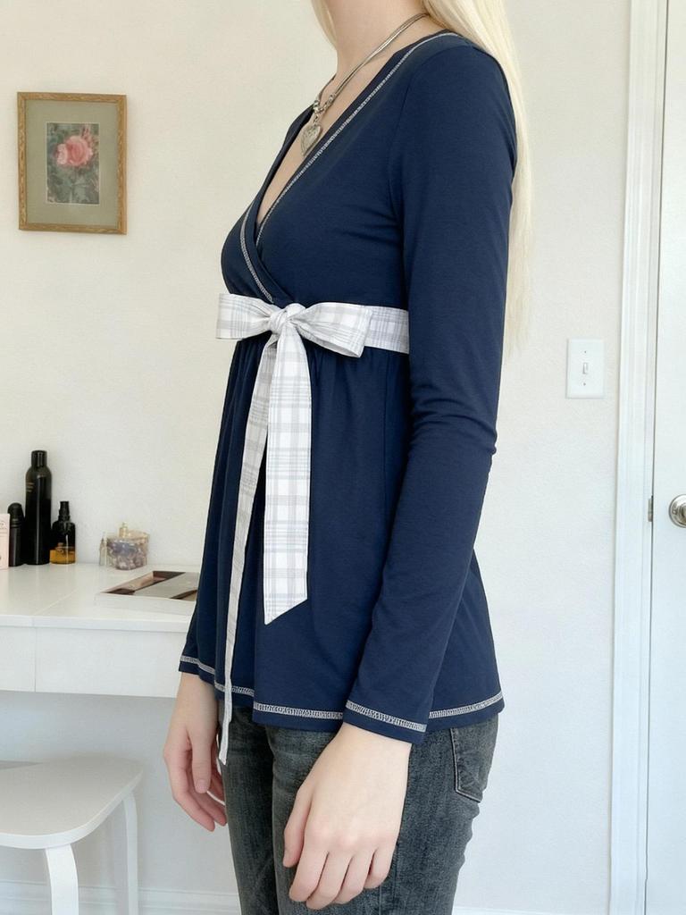 Plaid Bow Tie Lace-up Waist-cinch Babydoll Top - European/American Sweet Style Long-sleeve T-Shirt