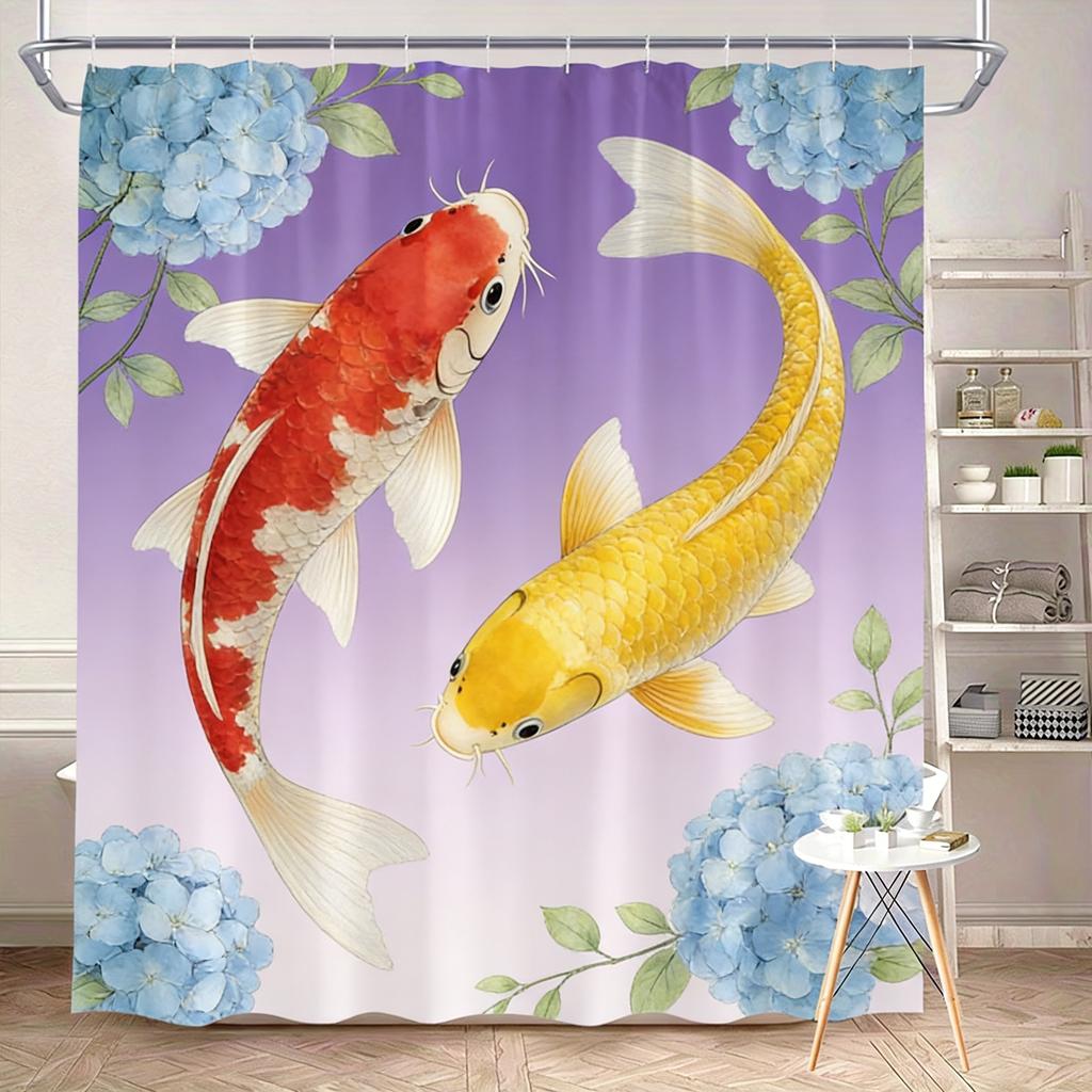 Luxury Golden Koi Fish with Cherry Blossoms Waterproof Shower Curtain for Feng Shui Bathroom Decor