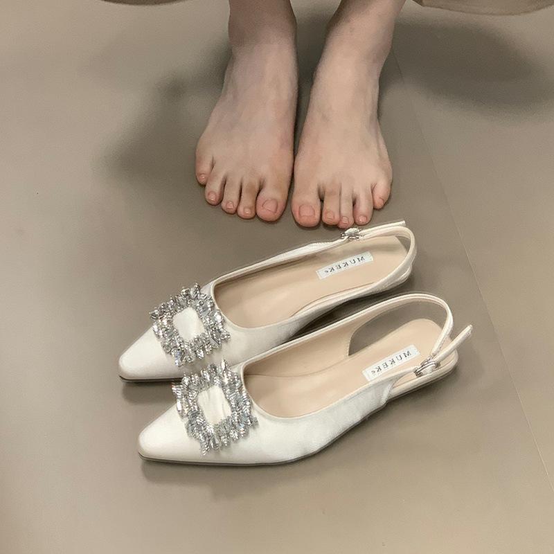 MUKEKe Square Buckle Rhinestone Wedge Heel Bag Head Sandals Women's 2025 Summer New Temperament Not Tired Feet Low Heel Single Shoes