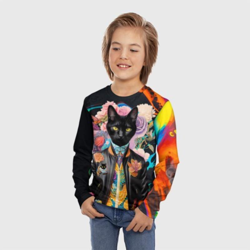 Children's Cartoon Animal Kitten Print Pigment Print T-shirt Boys Cute Long Sleeved Soft Comfortable Top