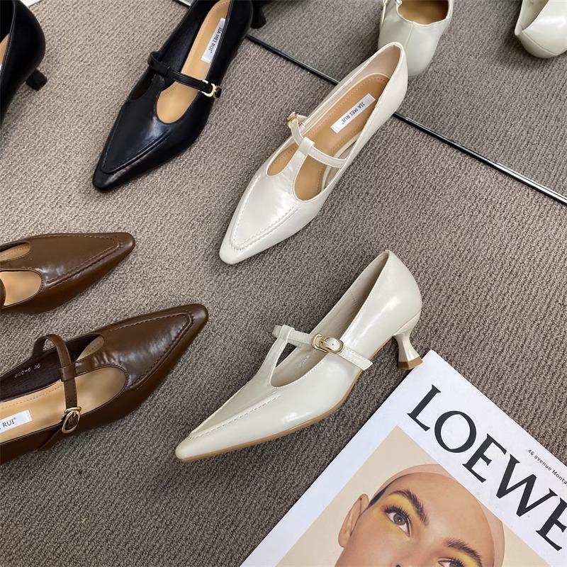 2025 Spring New Single Shoes Women's Black Hollow Pointed Tip Thin Heel Shallow Mouth Mary Jane Shoes Niche White High Heels Women