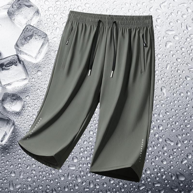 Ledově hedvábné 7palcové kalhoty pro muže na léto, tenké, volné, ležérní, s rovnými nohavicemi, pro mladé, prodyšné, rychleschnoucí šortky, pánské sportovní kalhoty