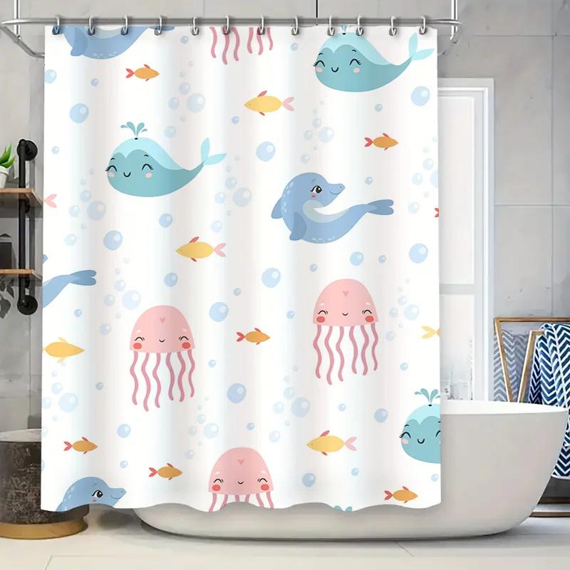 Adorable Underwater World Shower Curtain Set Cute Blue Whale Pink Octopus Design for Bathroom Decorations