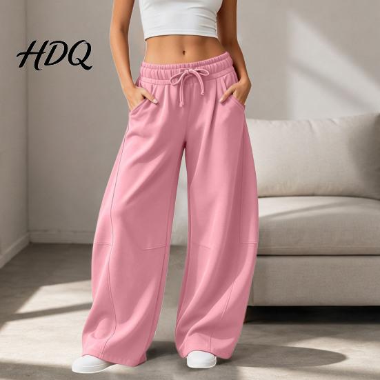 Wide Leg Fleece Lined Sweatpants for Women Baggy Lounge Pants Solid Color Casual with Pockets Comfortable Loose Fit Drawstring Bottoms Elastic Waist