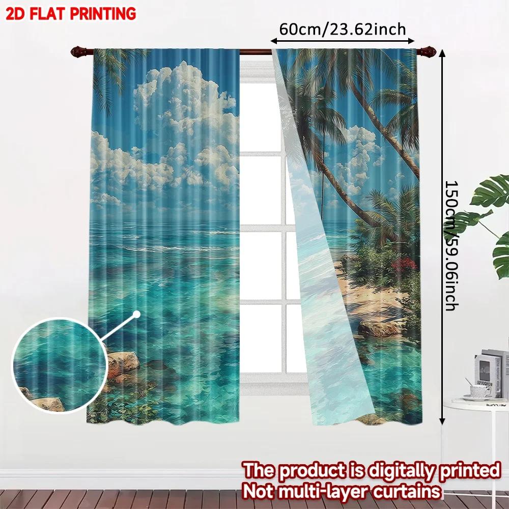 Set Of 2 Digital Print Sea Beach View Curtains Coastal Landscape Window Drapes Living Room Bedroom Home Decor Non Woven Curtain Polyester Perfect For