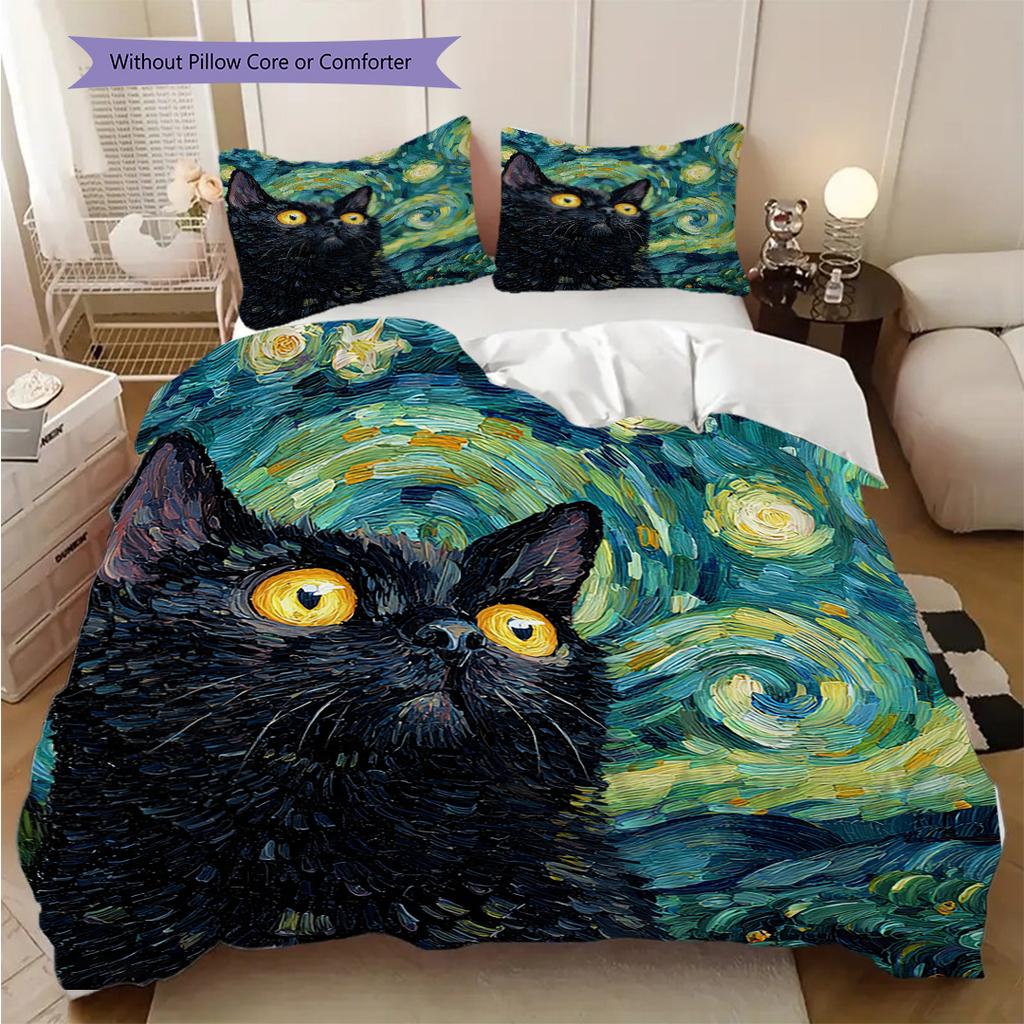 Set Copripiumino Trapuntato con Motivo Gatto Nero Federa Decorazione per la Casa Regalo di Compleanno (1 * copripiumino + 2 * federa, senza nucleo)