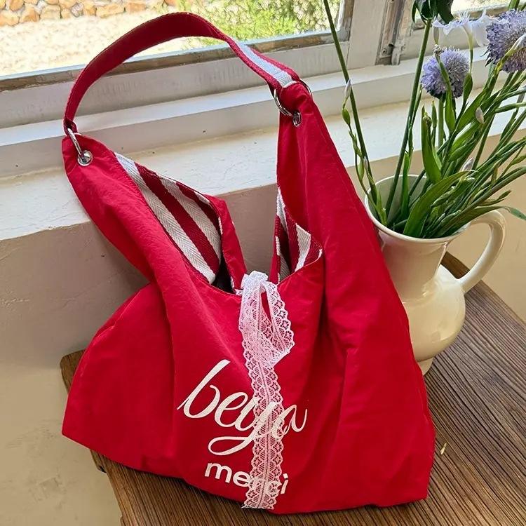 

Fashion vitality red canvas handbag bag summer new versatile simple striped totote shoulder bag красный