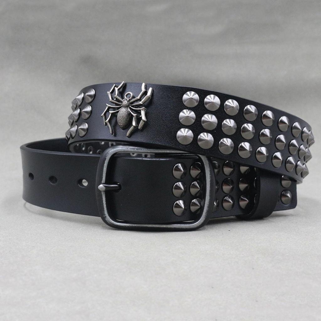2024 Original Design Punk Leather Belt with Spider Spike Rivet and D-ring Buckle
