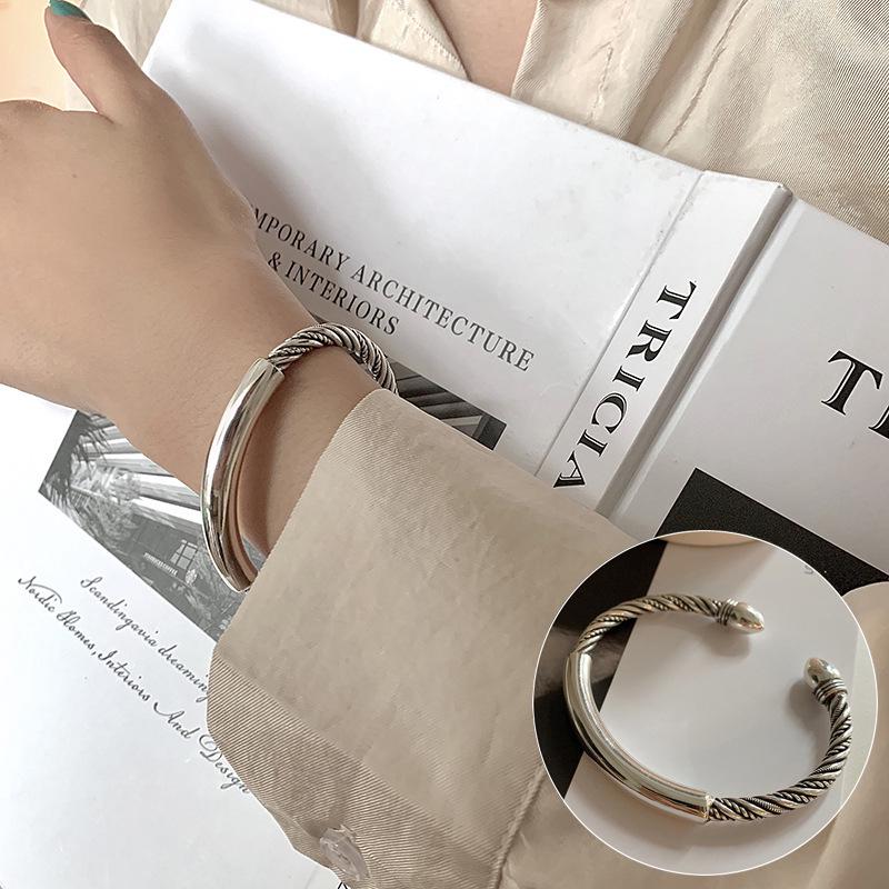 Korean S925 Sterling Silver Geometric Cutout Bracelet - Women's Retro Hong Kong Style Trendy Bangle