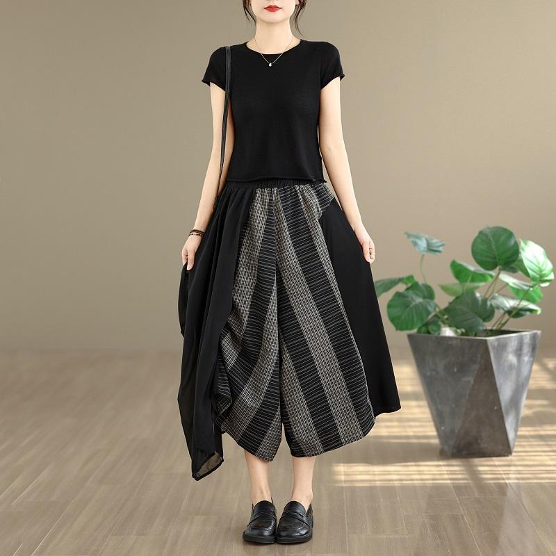chiffon patchwork oversized Vintage plaid high Waist Casual loose Summer wide leg Cross Pants Women Trousers