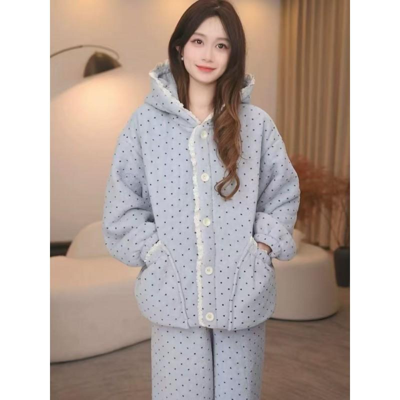 Womens Winter Hooded Pajama Set Thick Warm Fleece Loungewear Home