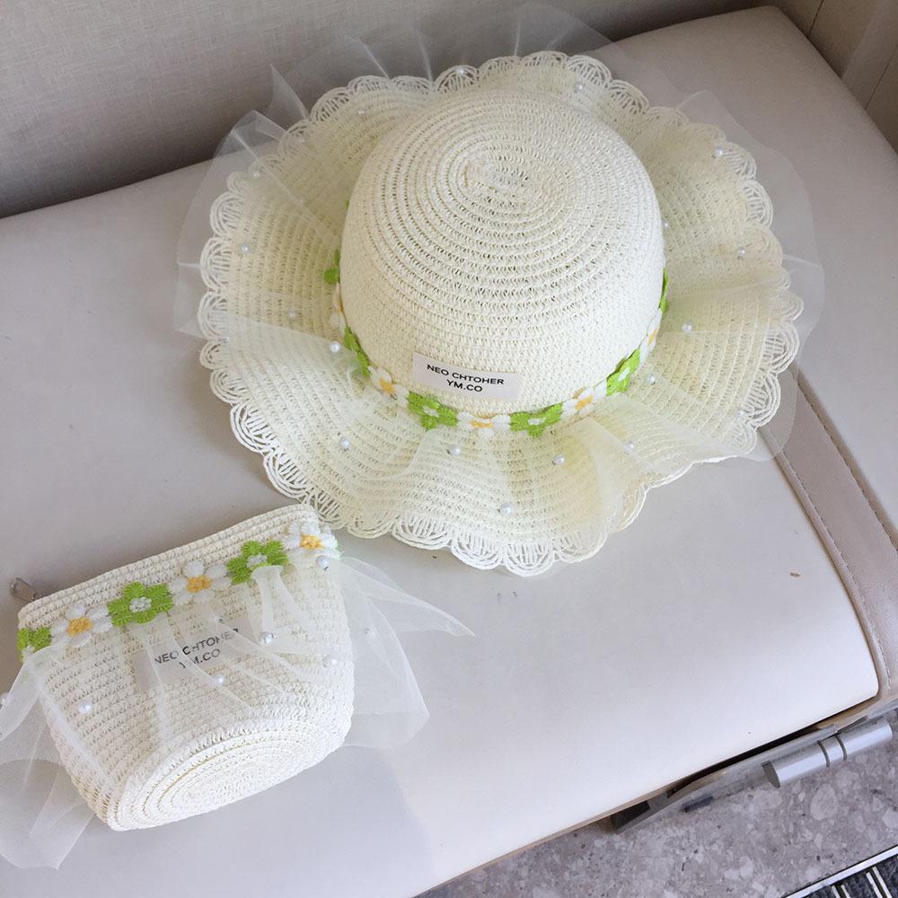 Girls Summer Straw Hat With Pearl Mesh And Bowknot Wide Brim Sun Hat For Kids Beach Princess Shade Cap