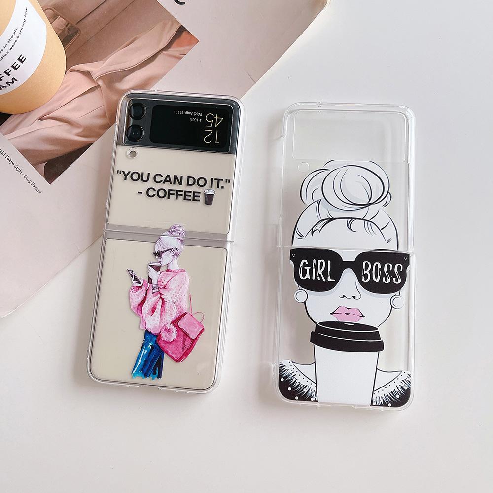 

Чехол для телефона с милой мультяшной девушкой-кофейкой для Samsung Galaxy Z Flip 3 5g, тонкий прозрачный жесткий чехол для ПК Z Flip3